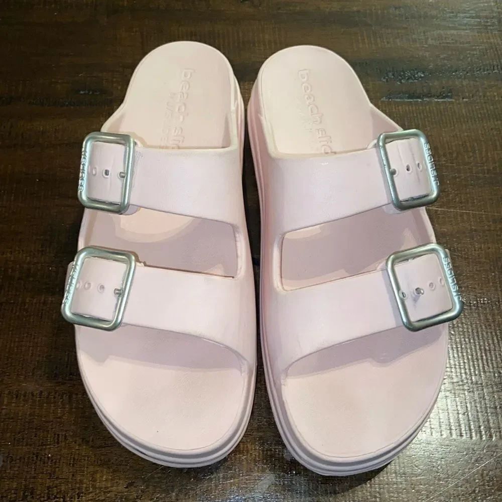 J. Slides Beach slides with Metallic Buckles white soles size 8